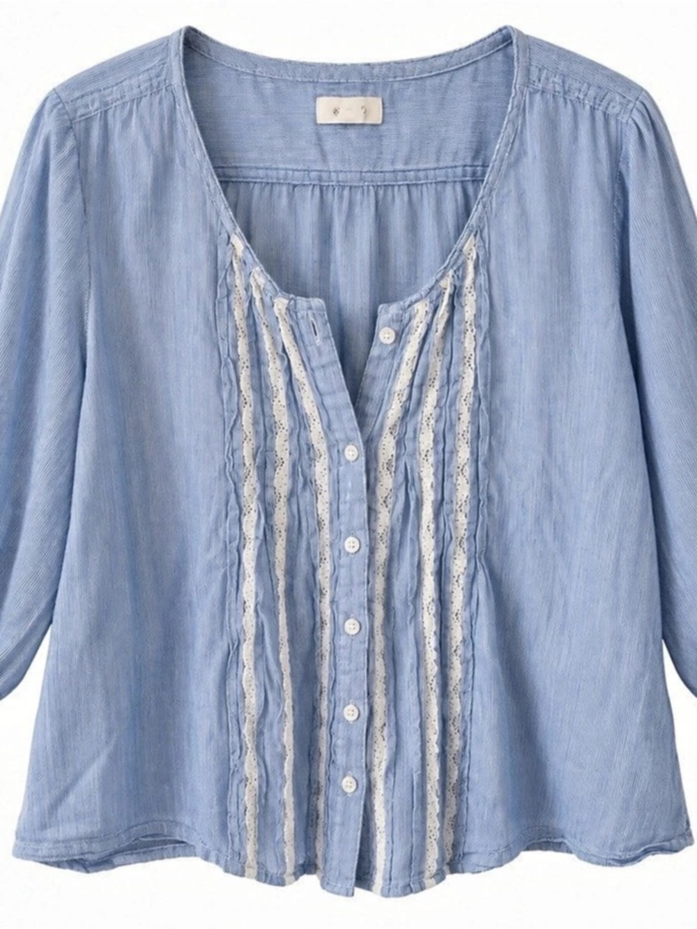 Talbots Lace Trim Button Front Voile Top Blue Blouse